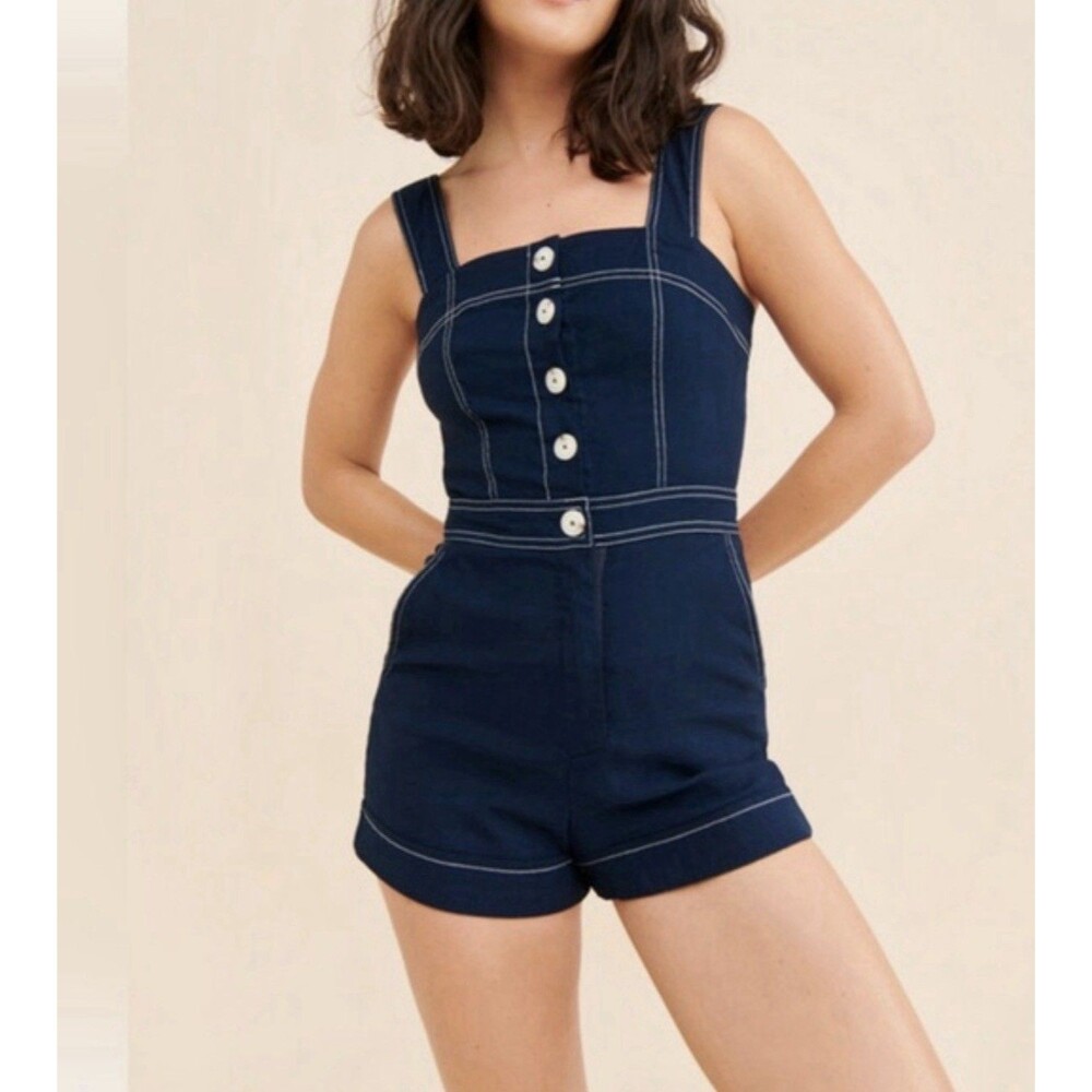 Anthropologie Maeve Romper Blue Denim The Portside Button Front Vacay Size 2